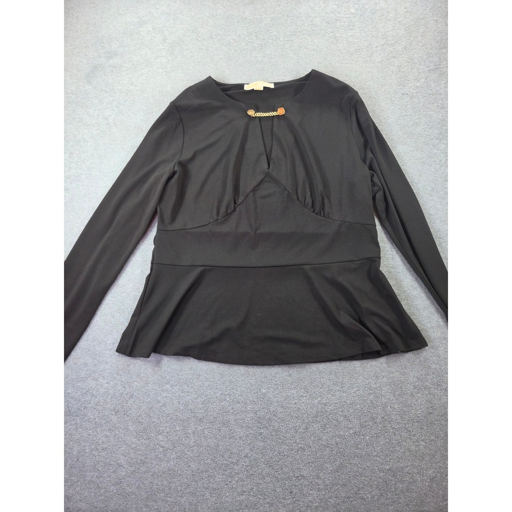 Michael Kors Black Long Sleeve Peplum Top Gold Chain MK Hardware Size Large